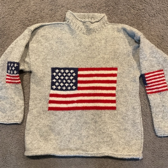 Vintage Women’s 100% Wool Gray Knit American Flag Mock Neck Sweater Y2K sz M - Picture 1 of 6